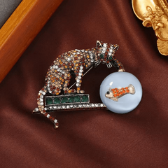Large Rhinestone Cat Fish Brooch Vintage Chinoiserie Animal Unisex Pin