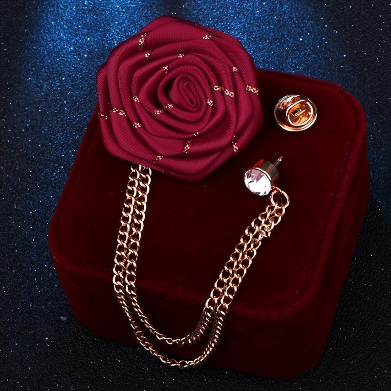 Men's Fabric Rose Flower Brooch Tassel Corsage