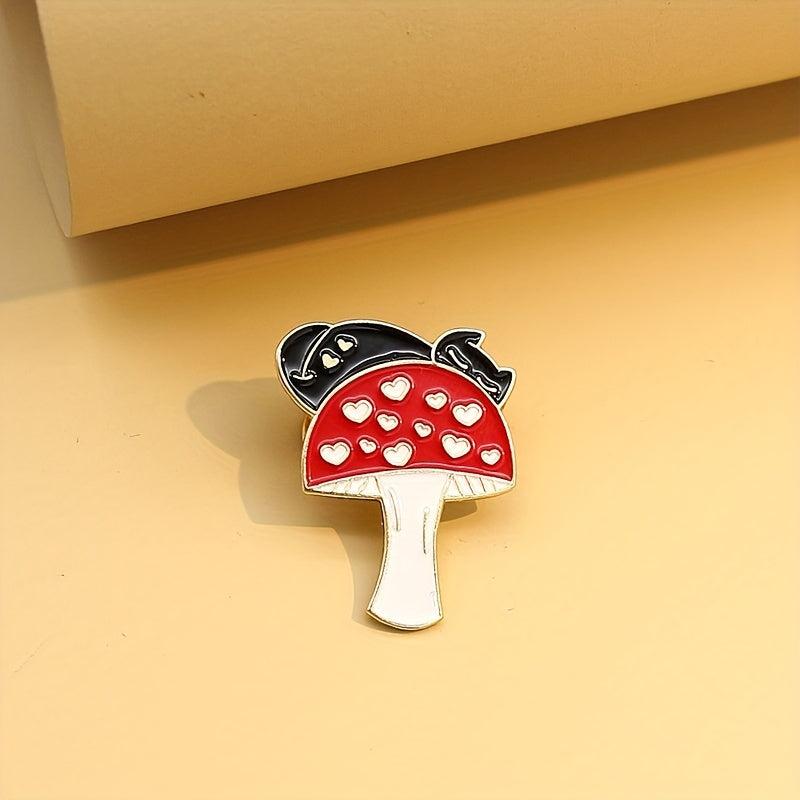 Cat Red Heart Mushroom Brooch