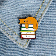 Men's I LOVE BOOK Brooch With Sleeping Kitten On Book