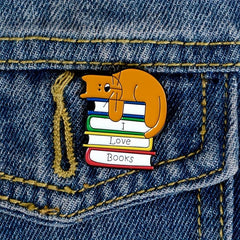 Men's I LOVE BOOK Brooch With Sleeping Kitten On Book