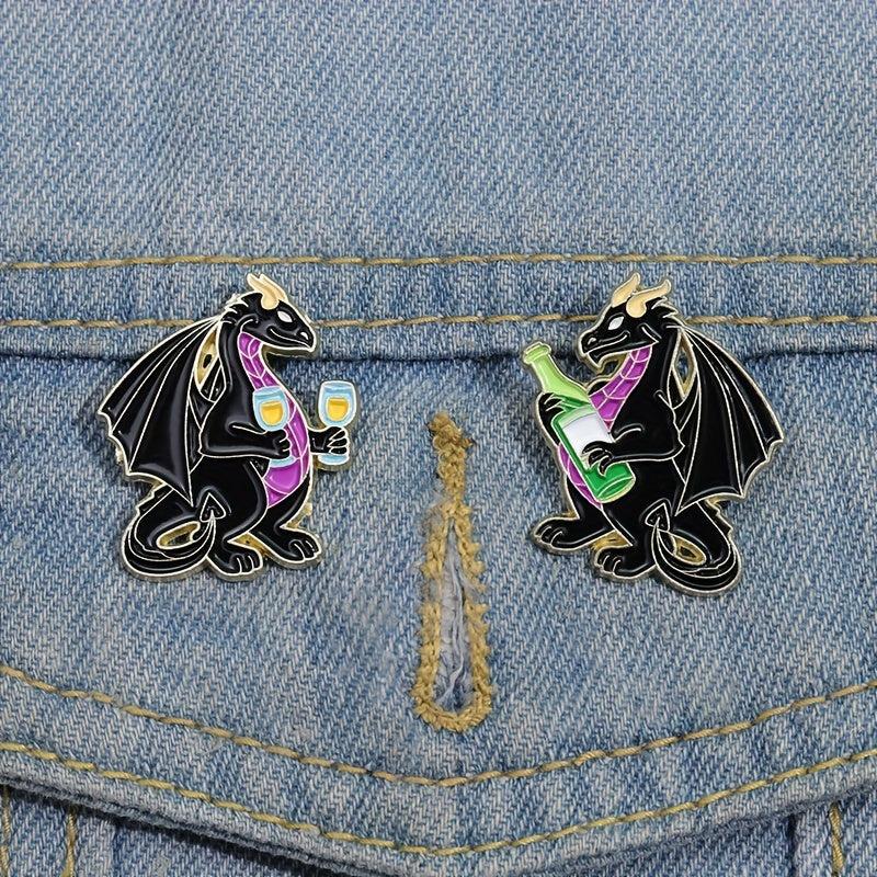 Dragon Wine Enamel Pins Funny Animal Drinking Pattern Brooches Lapel Badges