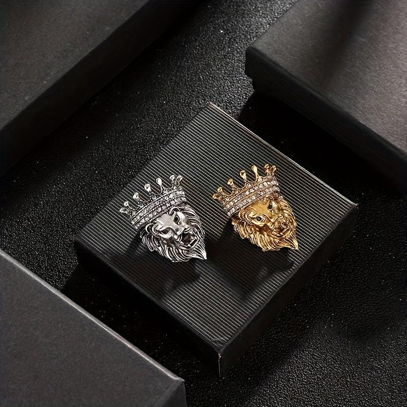 Vintage Lion Head Crystal Crown Lapel Pin Brooch