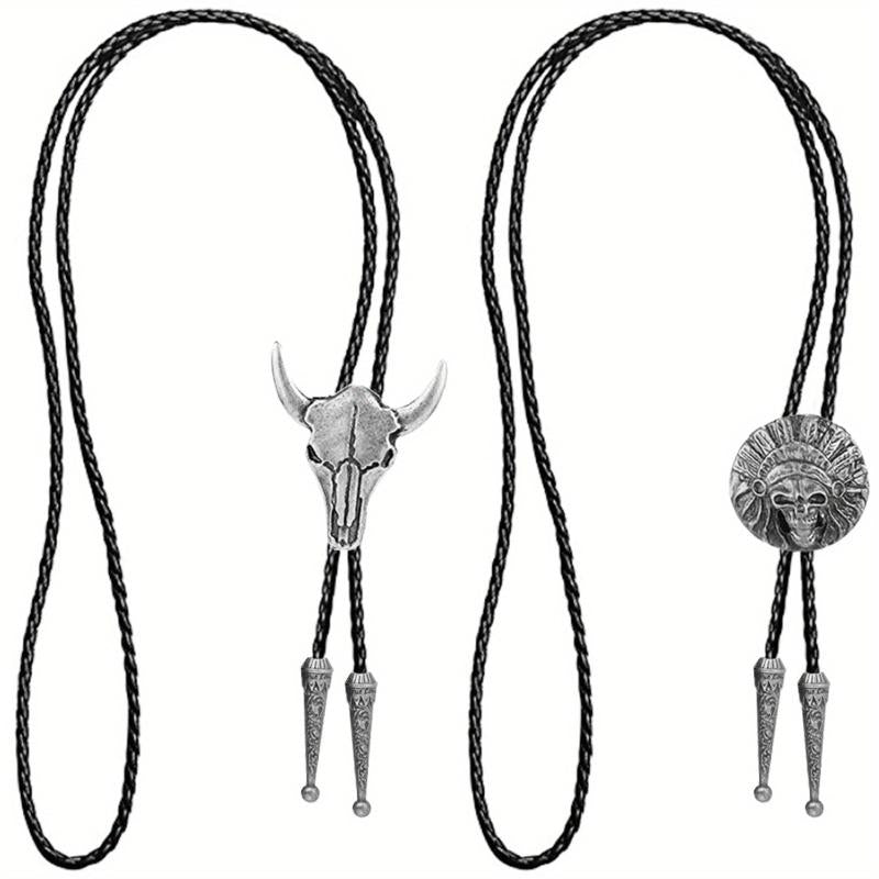 2pcs Vintage Cowboy Bolo Tie Leather Ties Cow Skull Costume Accessories