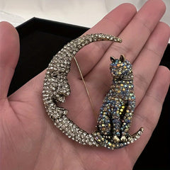 Glitter Moon Cat Brooch for Men Rhinestone Pets Party Office