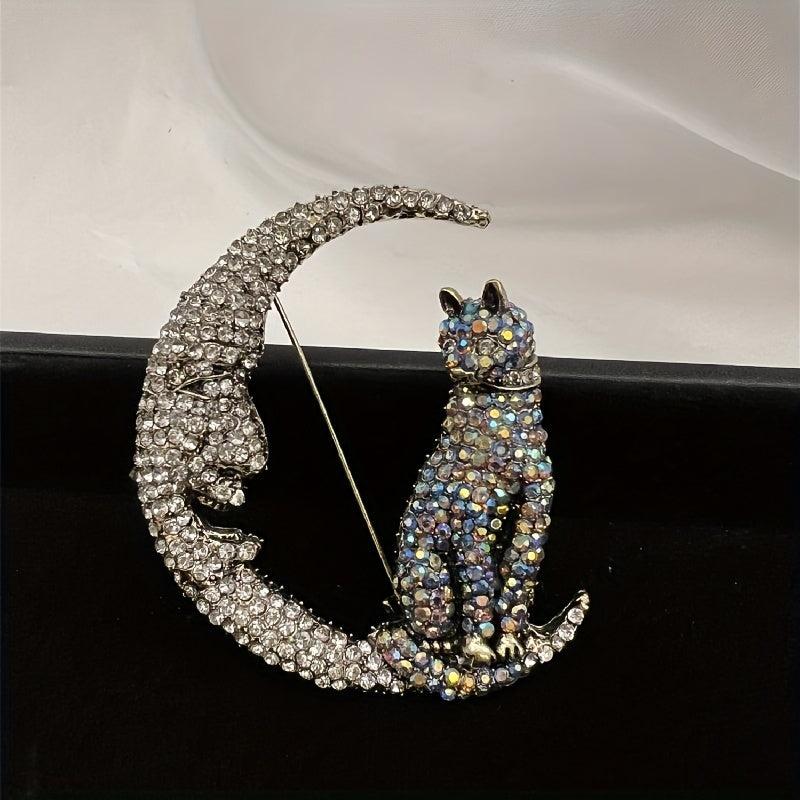 Glitter Moon Cat Brooch for Men Rhinestone Pets Party Office