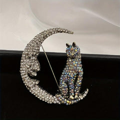 Glitter Moon Cat Brooch for Men Rhinestone Pets Party Office