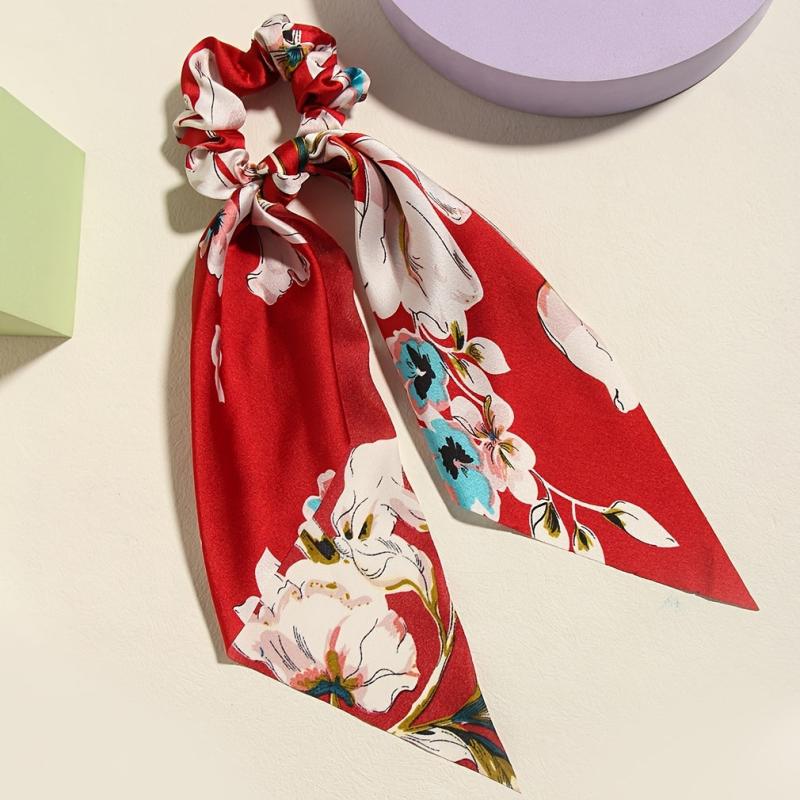 4pcs Floral Print Scarf Hair Tie Vintage Scrunchie Scarf Hair Accessory