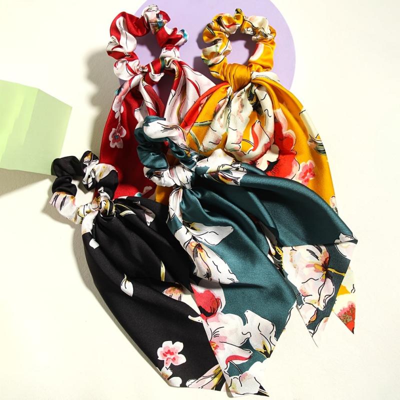4pcs Floral Print Scarf Hair Tie Vintage Scrunchie Scarf Hair Accessory