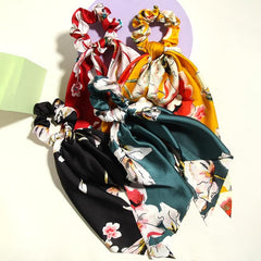 4pcs Floral Print Scarf Hair Tie Vintage Scrunchie Scarf Hair Accessory