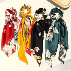 4pcs Floral Print Scarf Hair Tie Vintage Scrunchie Scarf Hair Accessory