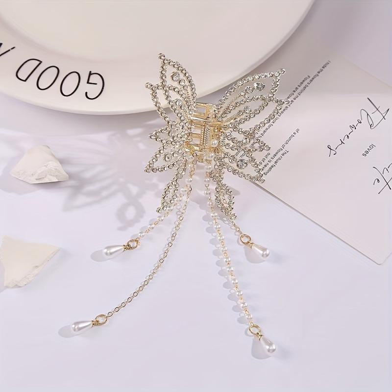 Faux Pearl Tassel Rhinestone Hair Claw Clip Non Slip Strong Hold Grip