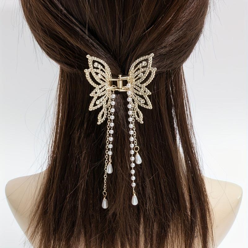Faux Pearl Tassel Rhinestone Hair Claw Clip Non Slip Strong Hold Grip