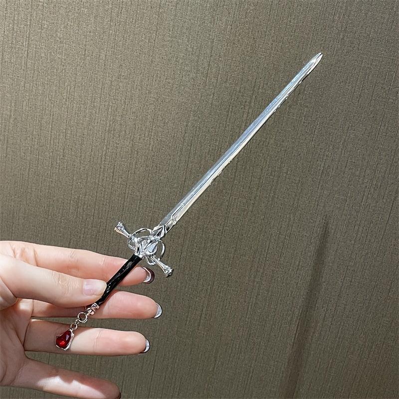 Chinese Style Punk Ruby Hairpin Silvery Sword Hanfu Vintage Hair Pin
