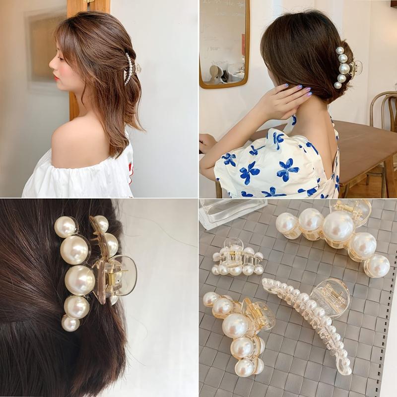 4pcs French Faux Pearl Hair Claw Clip Non Slip Strong Hold Grip Hair Accessories