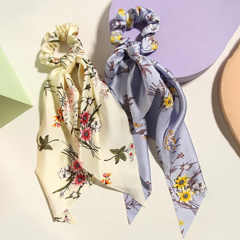 Floral Print Bowknot Hair Scarf Scrunchies Hair Tie Elastic Hair Scrunchy