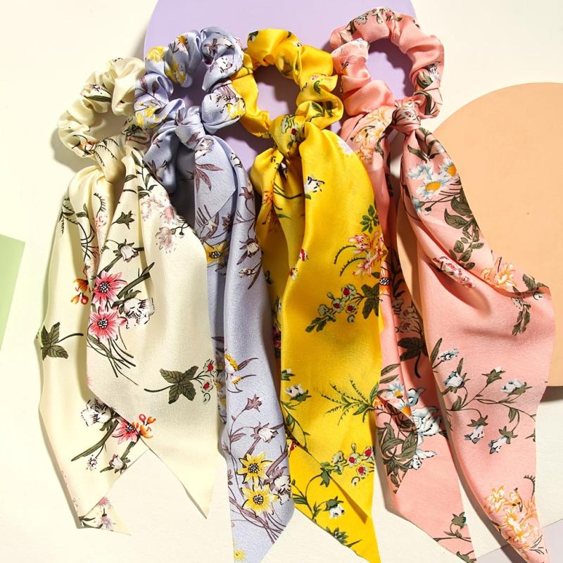 Floral Print Bowknot Hair Scarf Scrunchies Hair Tie Elastic Hair Scrunchy
