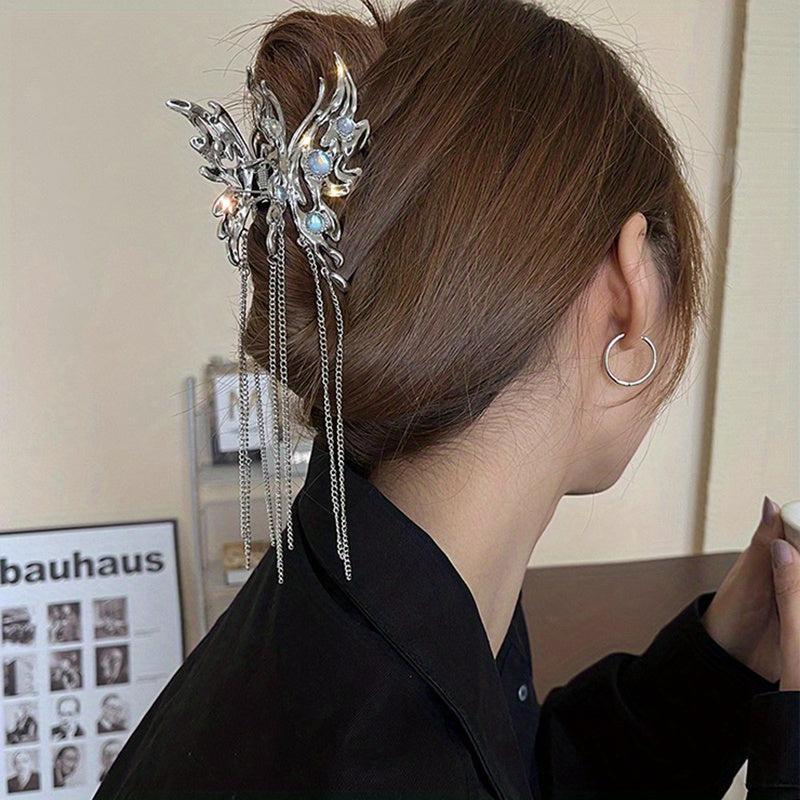 Rhinestone Faux Pearl Butterfly Tassel Hair Claw Clip Non Slip Strong Grip