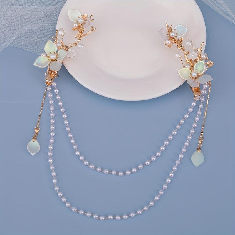 Hanfu Hair Clip Pearl Flower Leaf Hairpin Vintage Chinese Cheongsam Accessory