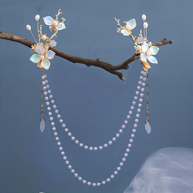 Hanfu Hair Clip Pearl Flower Leaf Hairpin Vintage Chinese Cheongsam Accessory
