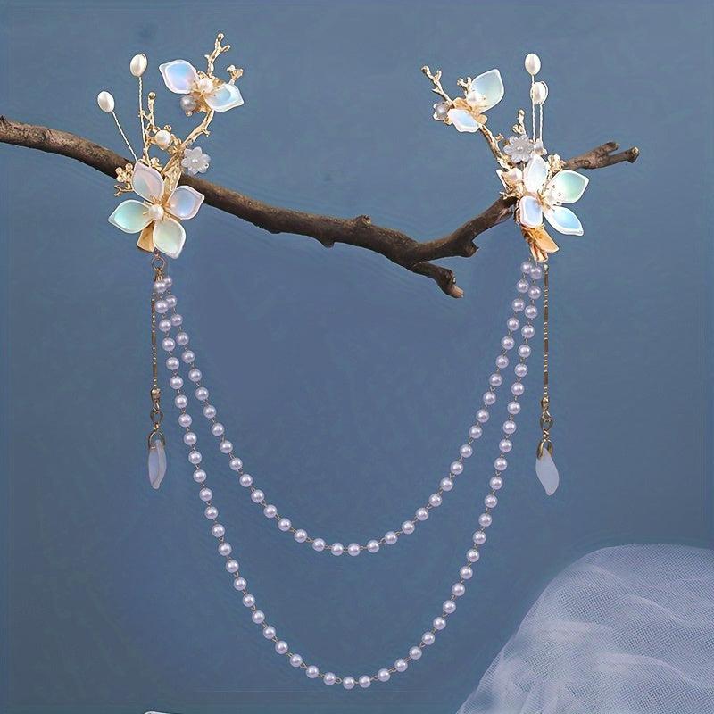 Hanfu Hair Clip Pearl Flower Leaf Hairpin Vintage Chinese Cheongsam Accessory