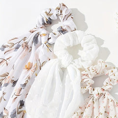 4pcs Floral Print Scarf Scrunchie Polka Dot Hair Tie for Women