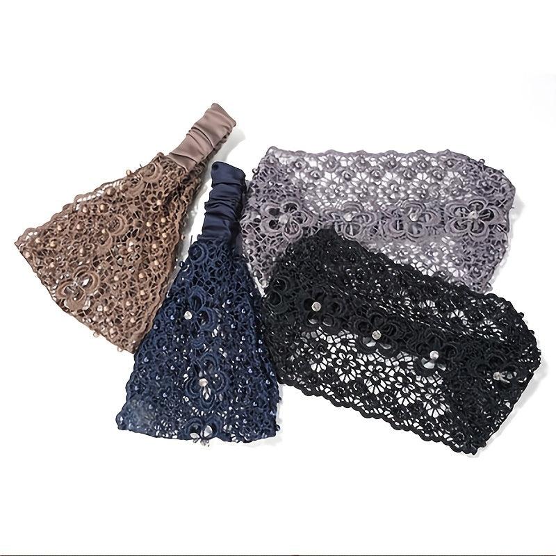 Wide Lace Headband with Floral Design and Faux Pearls