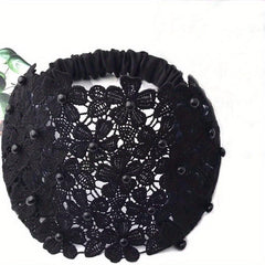 Wide Lace Headband with Floral Design and Faux Pearls