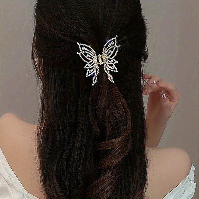 Golden Rhinestone Butterfly Hair Claw Clip Strong Hold Grip Hair Jaw Clip