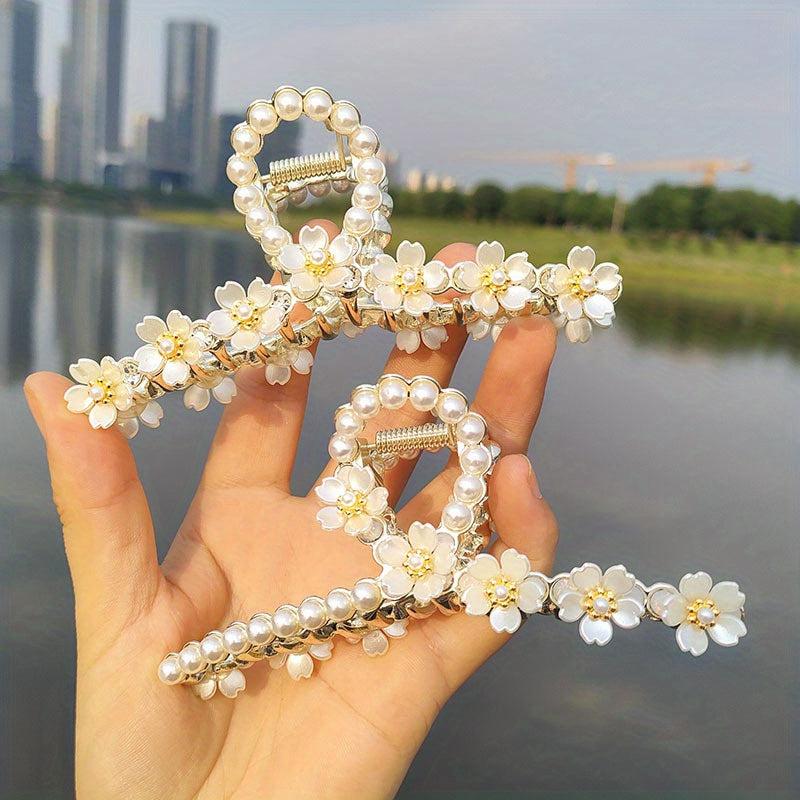 Faux Pearl Rhinestone Flower Hair Claw Clip Strong Grip Hair Jaw Clip