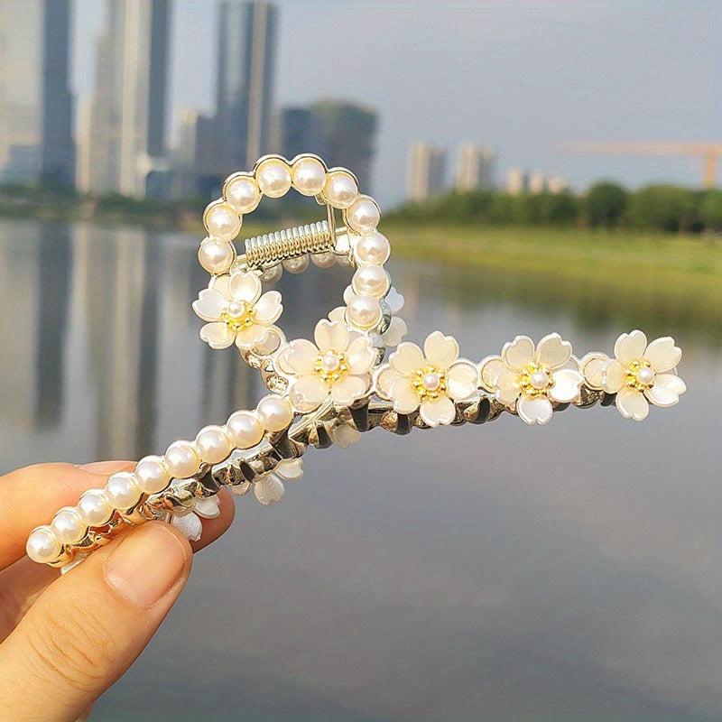 Faux Pearl Rhinestone Flower Hair Claw Clip Strong Grip Hair Jaw Clip