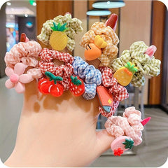 10pcs Cartoon Fruits Scrunchies Hair Tie Plaid Hair Rope Ponytail Holder Girls