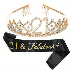 Rhinestone Tiara Crown & Sash Set for Birthday Party - Women Girls