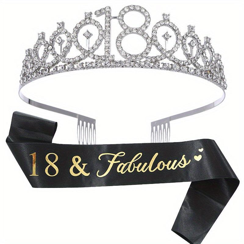 Rhinestone Tiara Crown & Sash Set for Birthday Party - Women Girls