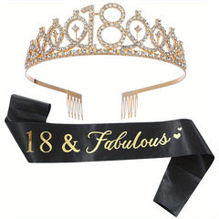 Rhinestone Tiara Crown & Sash Set for Birthday Party - Women Girls