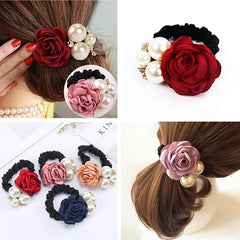 Faux Pearl Flower Hair Ties Scrunchie Wide Band Elastic Accessory