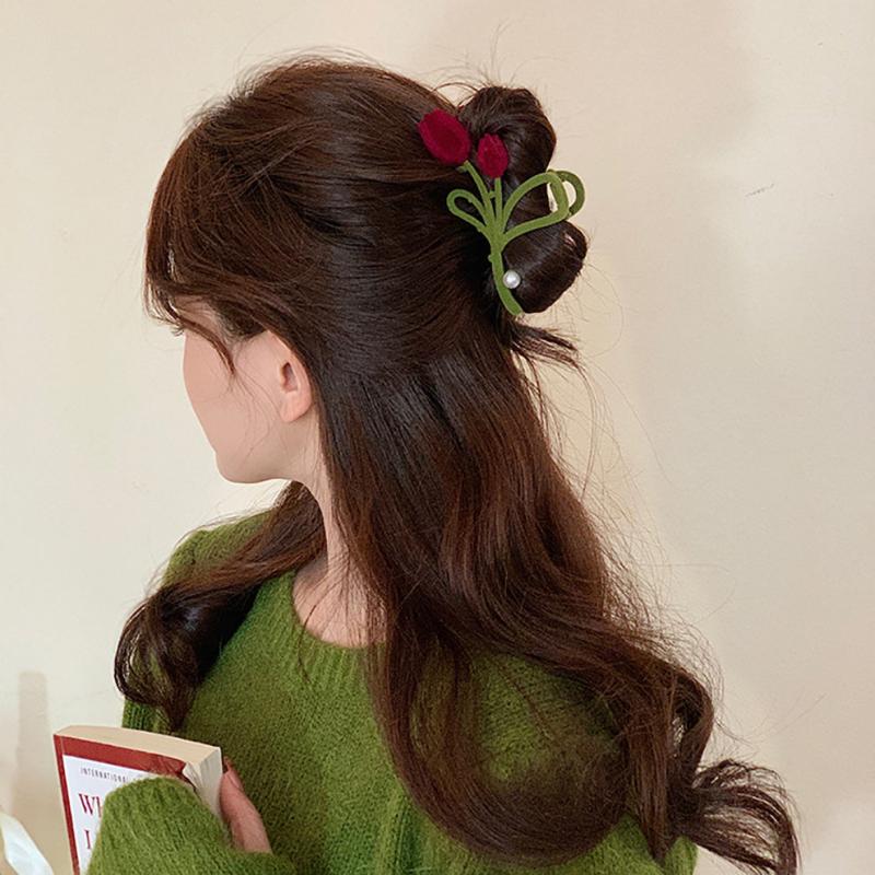Rose Flower Metal Hair Claw Barrette Velvet Faux Pearl Snap Clip