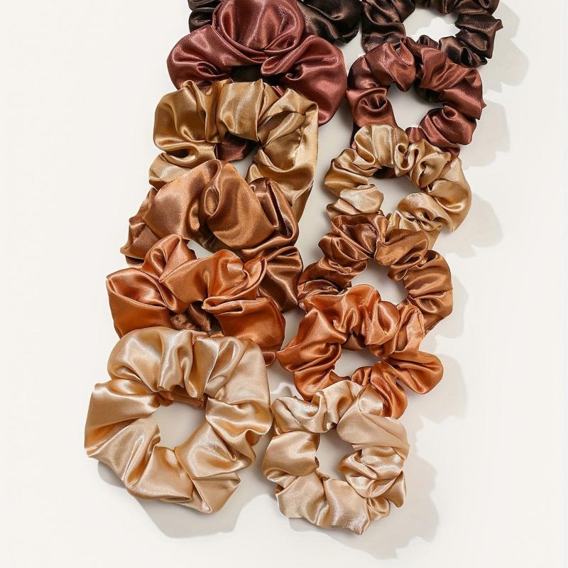12pcs Coffee Satin Hair Ring Silk Hair Rope Scrunchie High Elasticity Hair Acces