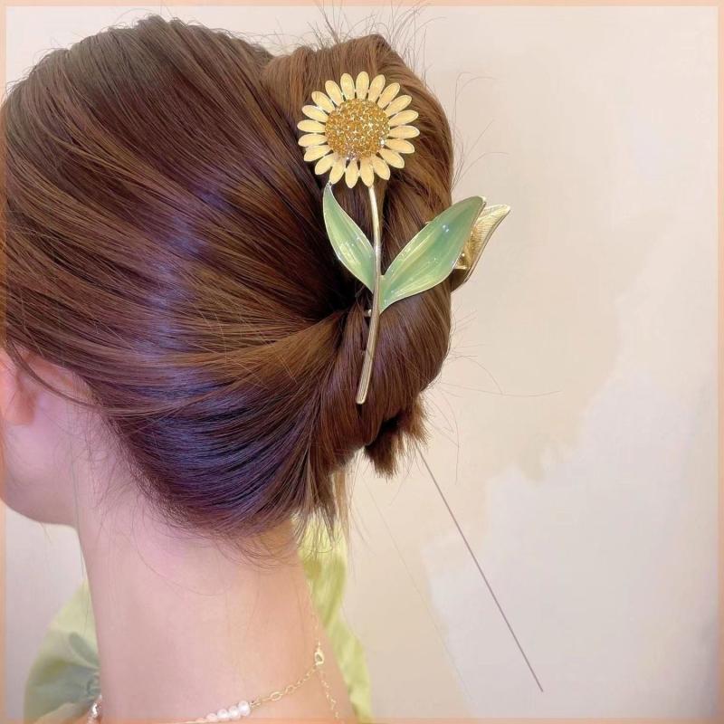 Sunflower Tulip Hair Claw Clip Golden Metal Strong Hold Grip