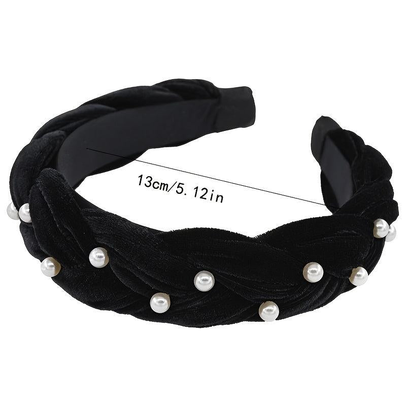 Non Slip Faux Pearl Hairband Twist Wide Velvet Solid Headband