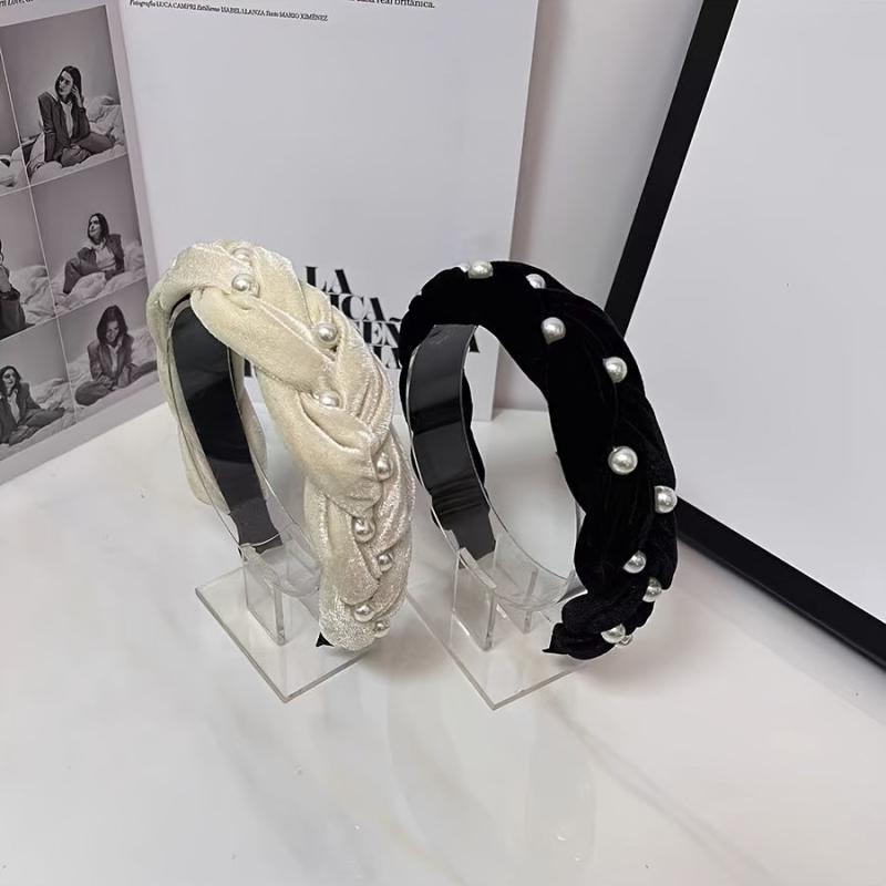 Non Slip Faux Pearl Hairband Twist Wide Velvet Solid Headband