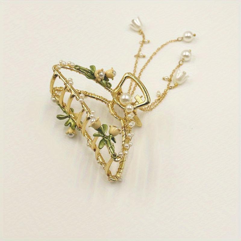 Vintage Lily Orchid Hair Claw Clip Golden Barrette Hair Accessories