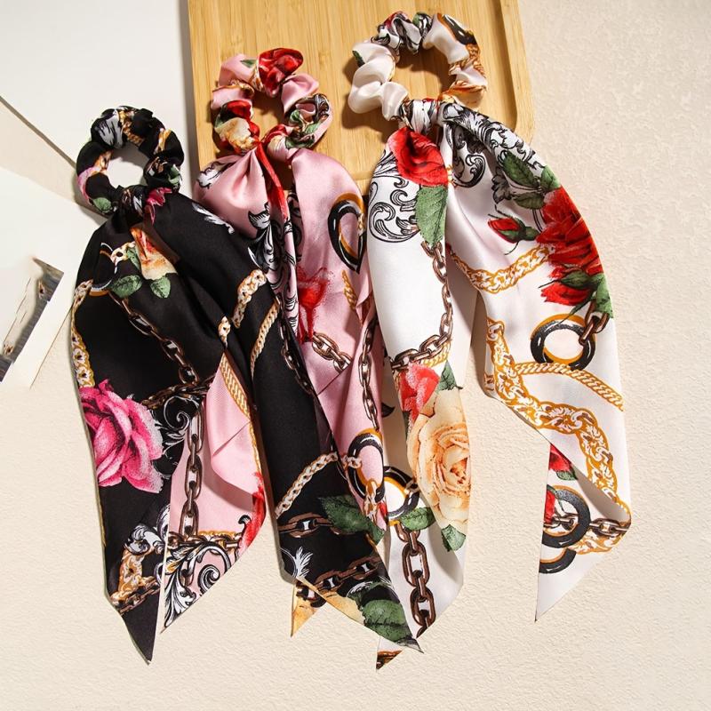 3pcs Retro Flower Bowknot Hair Scarf Scrunchies Elastic Hair Tie Ponytail Holder