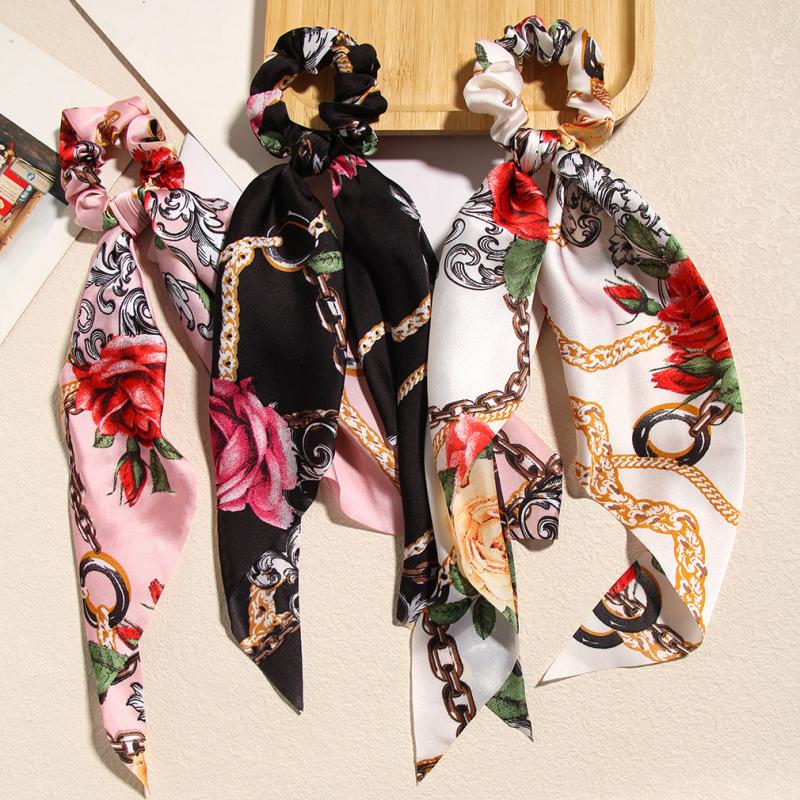 3pcs Retro Flower Bowknot Hair Scarf Scrunchies Elastic Hair Tie Ponytail Holder