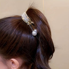 Y2K Rhinestone Faux Pearl Hair Clip Golden Metal Hair Accessory