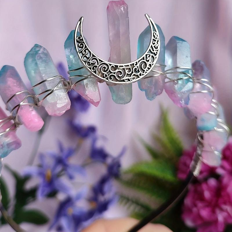 Titanium Quartz Crystal Crown Silver Headband Pink Tiara
