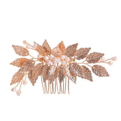 Golden Leaf Hair Comb Headdress with Pearl