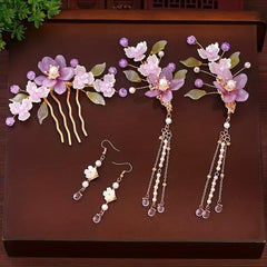 Chinese Style Retro Head Piece Set Floral Hair Comb Earrings Hair Clips