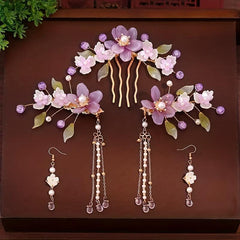 Chinese Style Retro Head Piece Set Floral Hair Comb Earrings Hair Clips