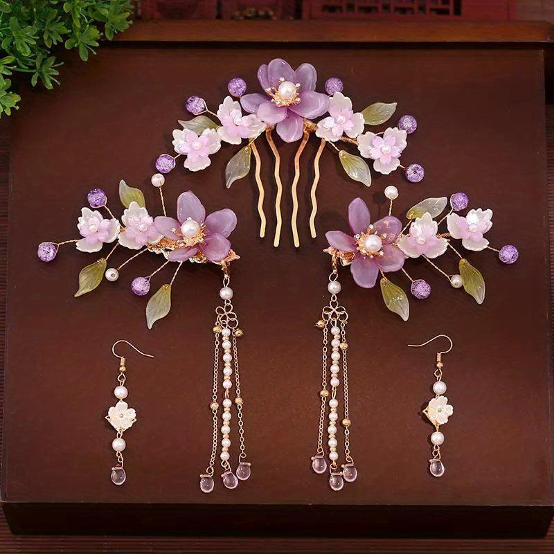 Chinese Style Retro Head Piece Set Floral Hair Comb Earrings Hair Clips